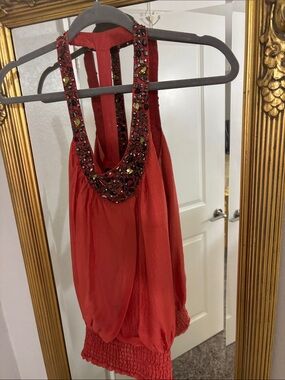 Bebe orange 100% silk jeweled halter top/tunic with racer back size medium